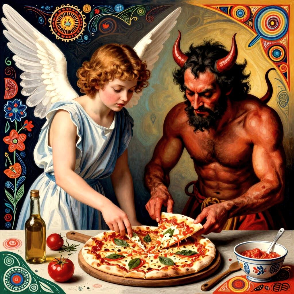 Angel and Devil Create Pizza in Masterpiece Style