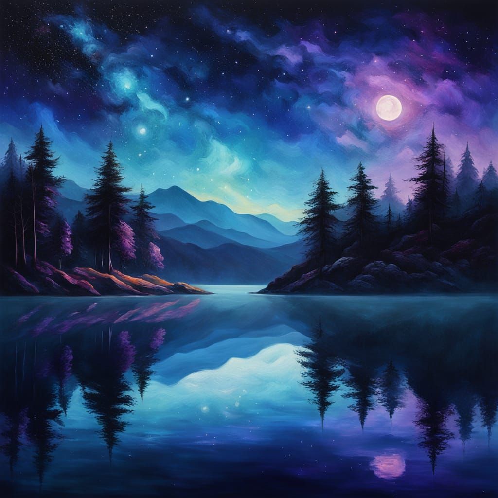 Night Lake Dreamscape: Surreal Oil Painting