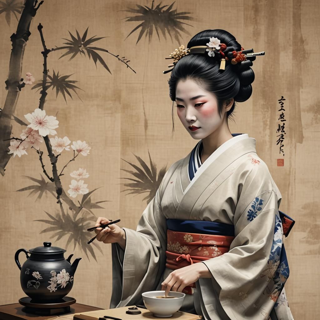 Geisha Tea Ceremony in Japanese Ink Painting Style
