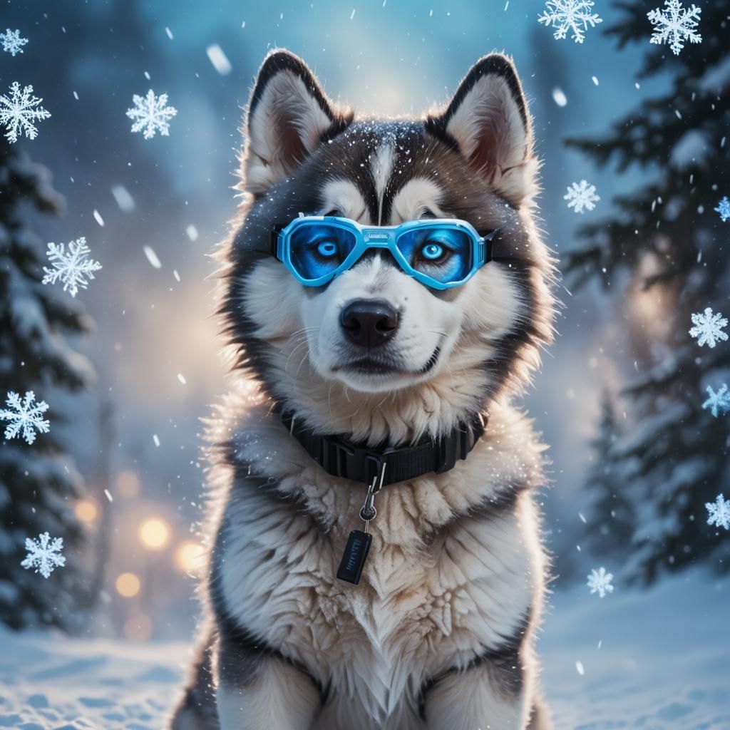Husky Pup Portrait with Neon Goggles in Fantasy Art