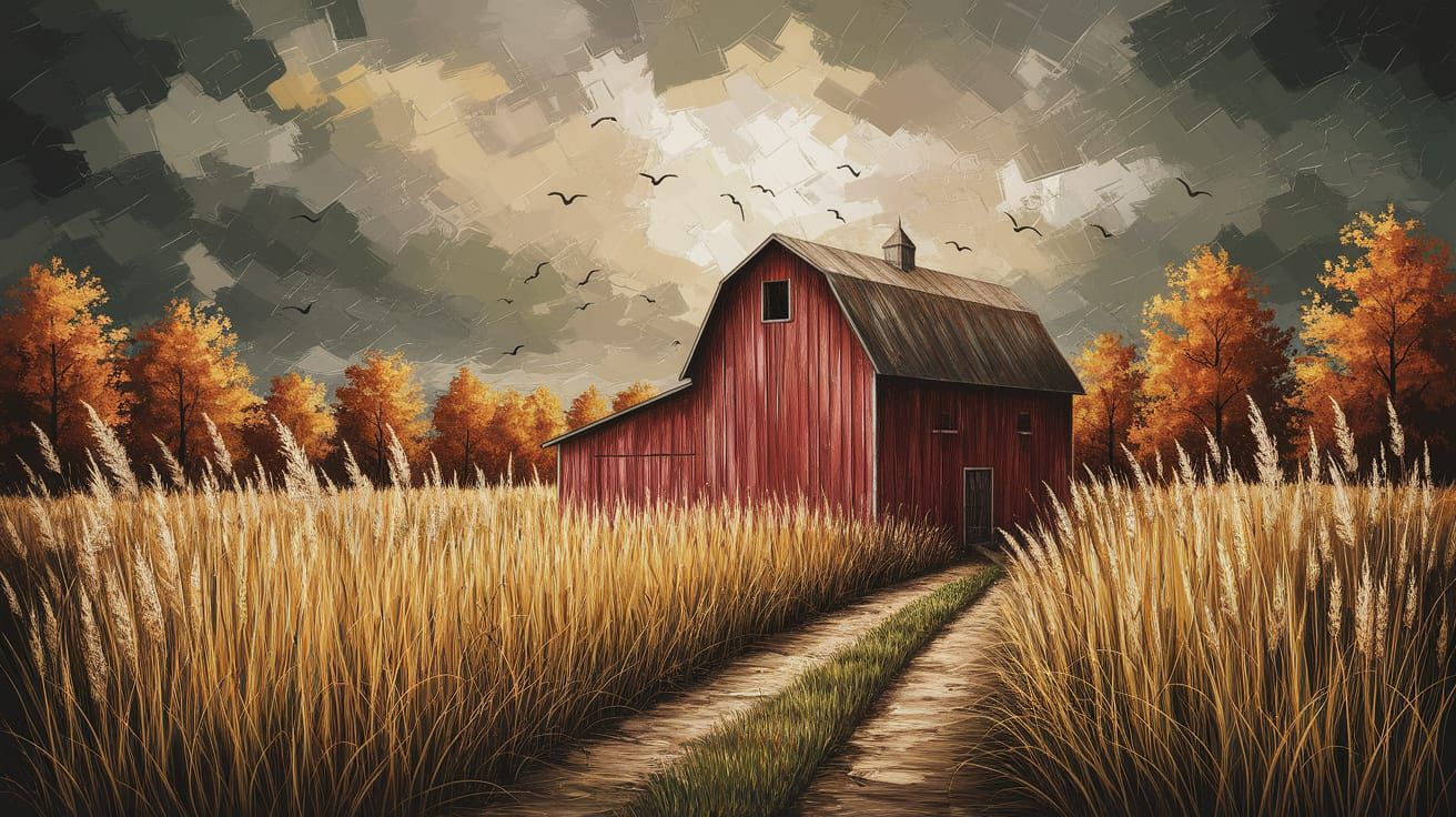 Autumn Barn in Vibrant Acrylic Style