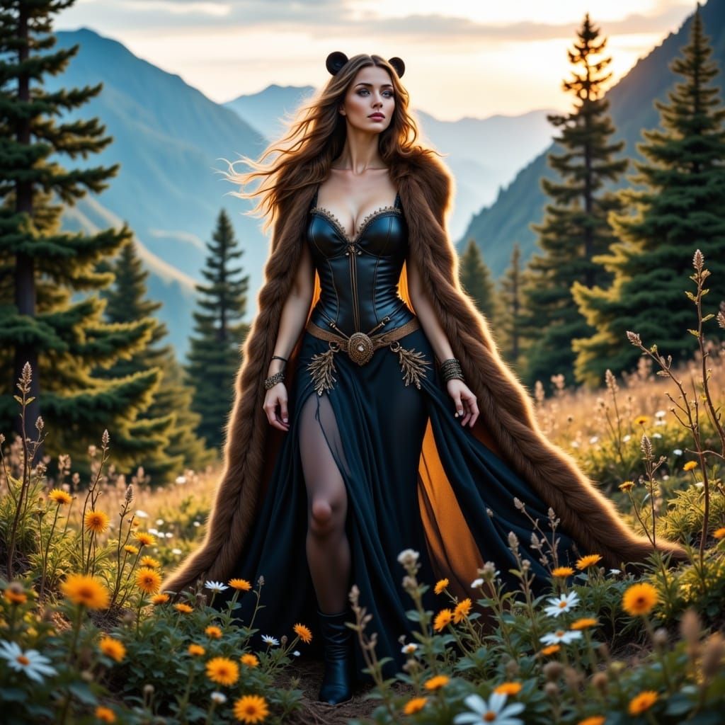 Ethereal Goddess in Majestic Bear Cloak Amidst Alpine Forest