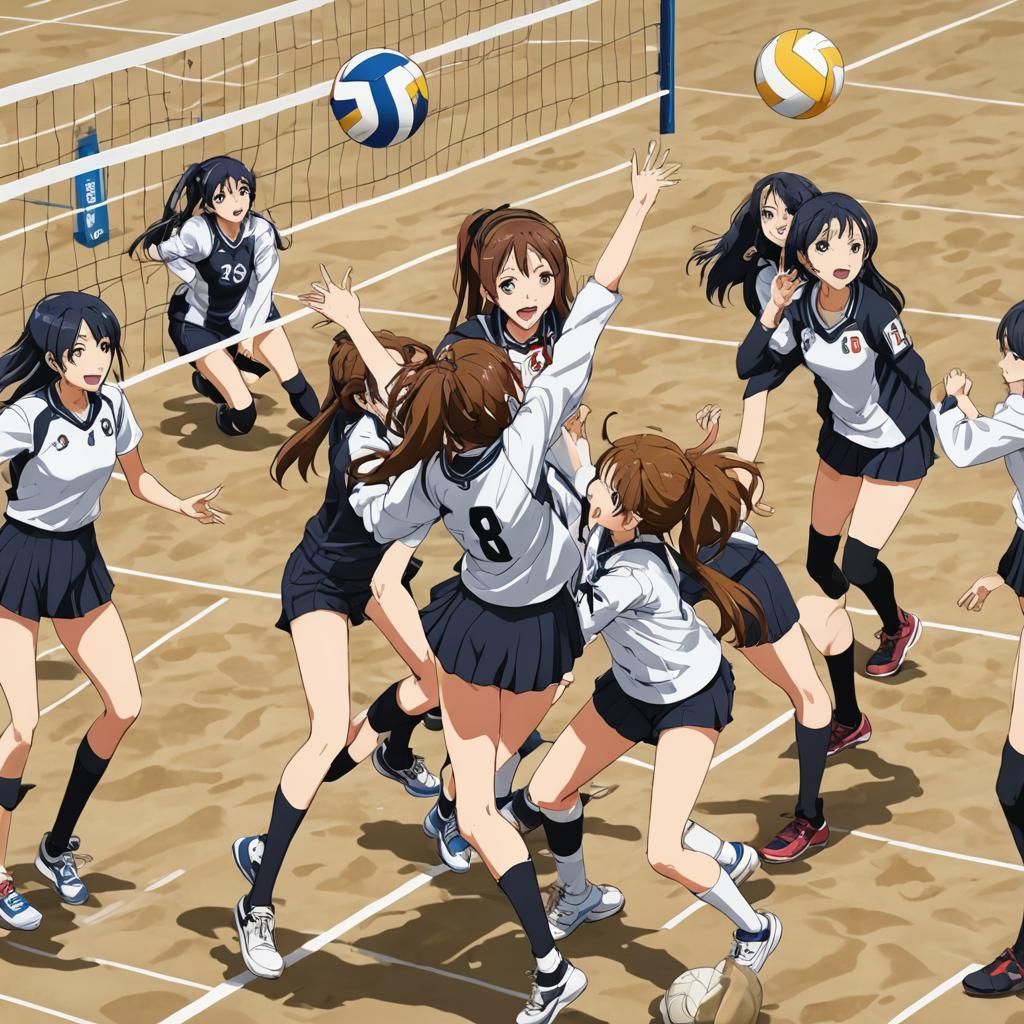 Anime Girls Playing Volleyball on the Beach