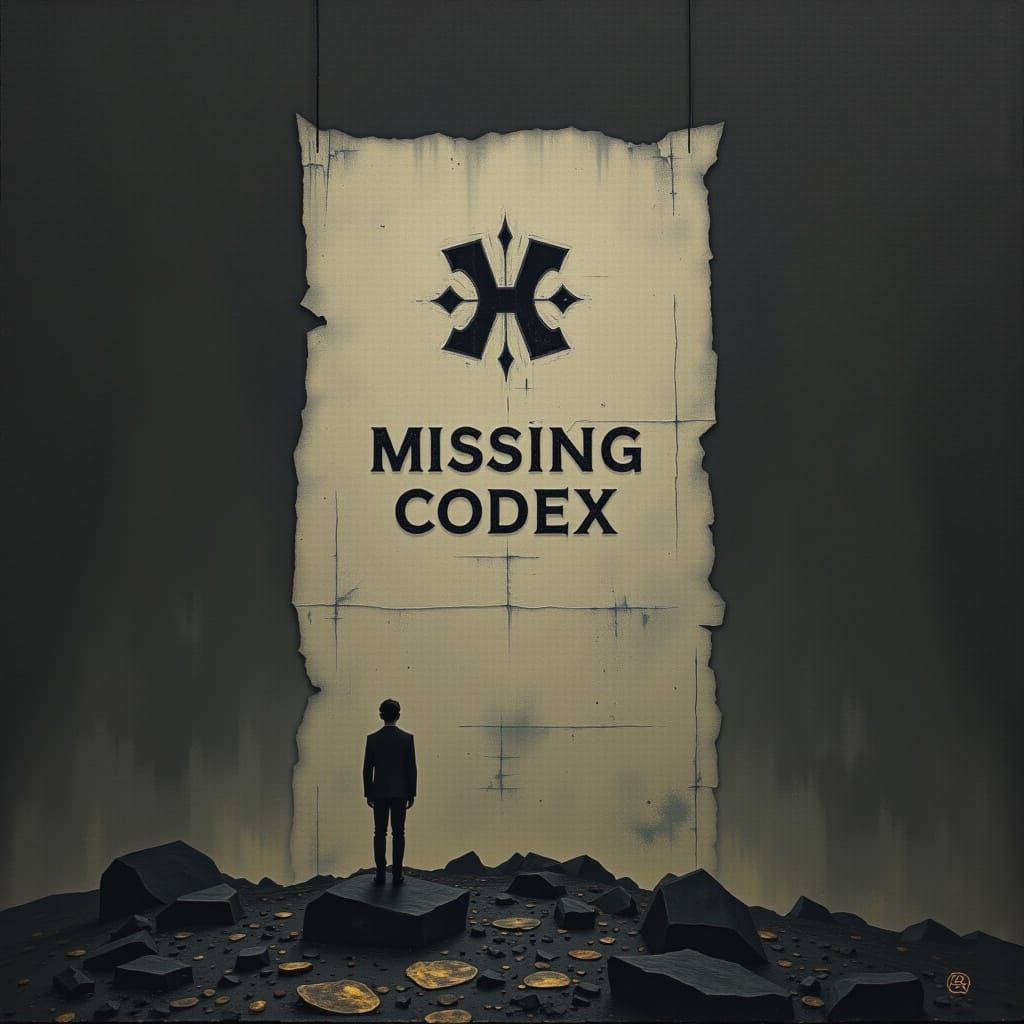 Glyph Above Fractured Scroll in Void: Missing Codex