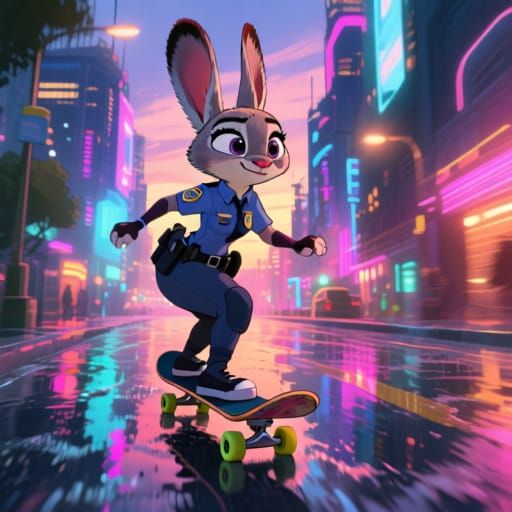 Judy Hopps Skateboarding in Futuristic Neon City
