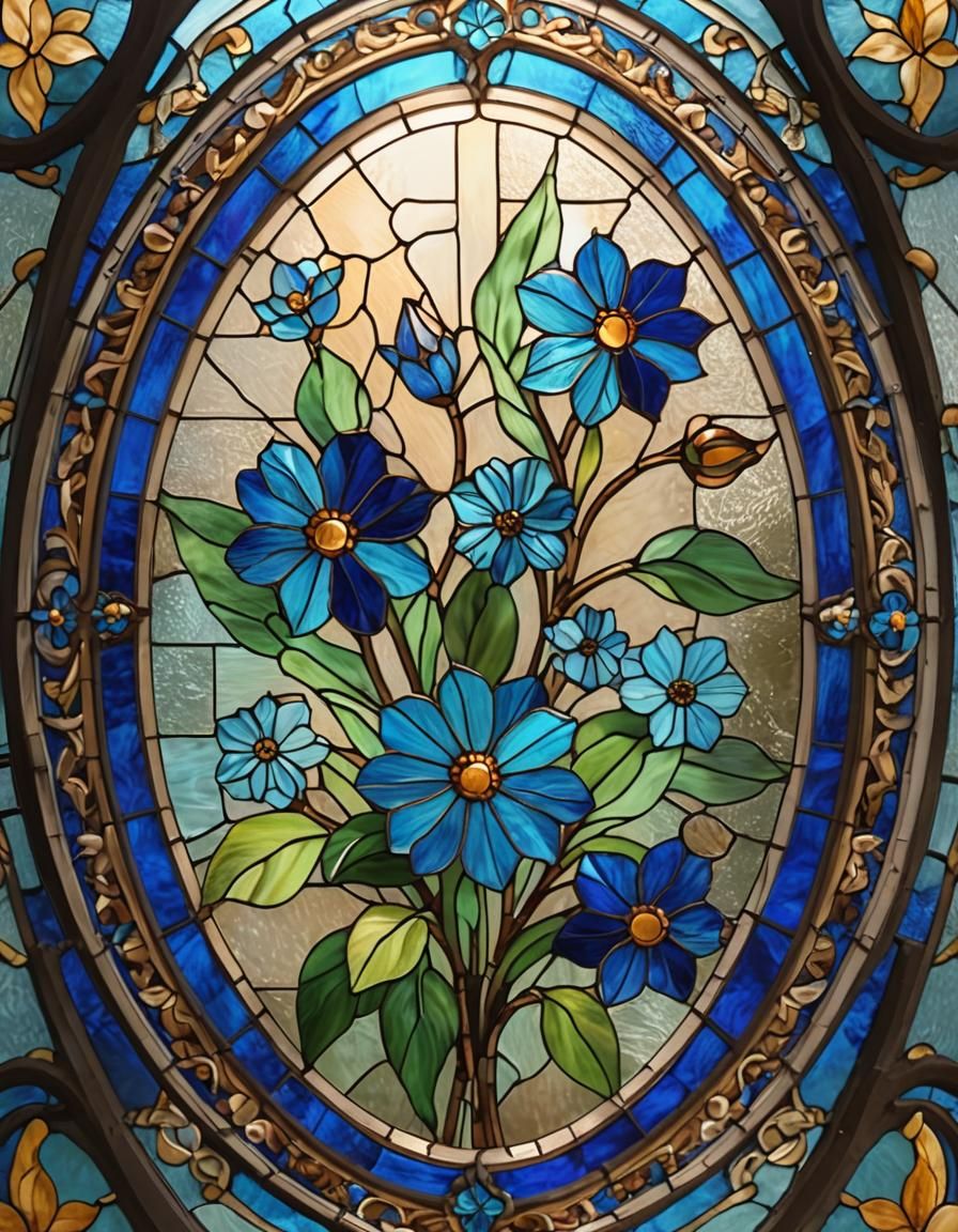 Stained Glass: Blue Liverleaf Flower in Oval Frame