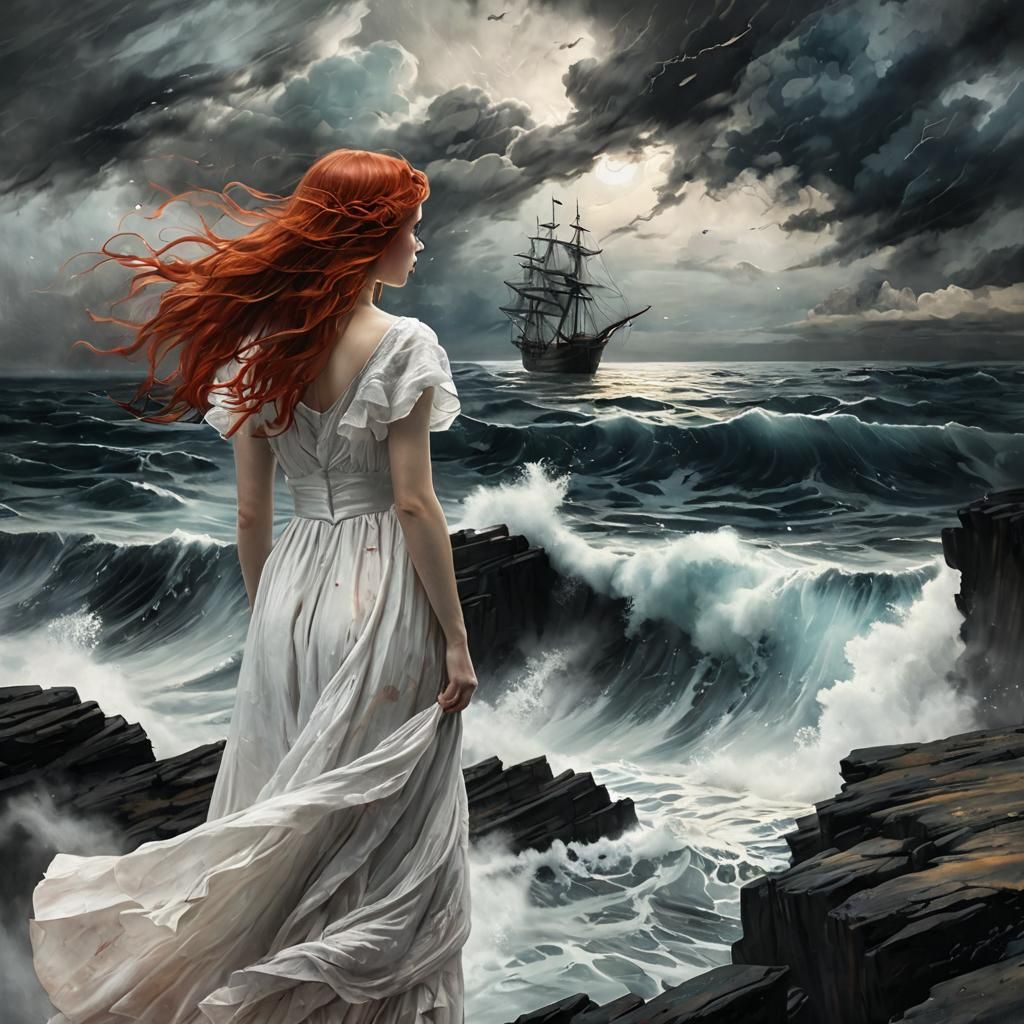 Charcoal Drawing: Lady, Cliff, and Ghost Ship