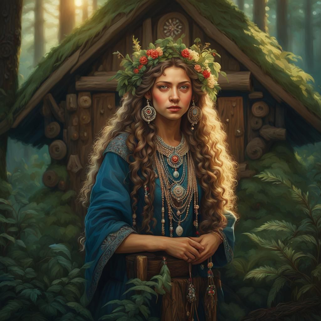 Young Baba Yaga Portrait in Slavic Forest, Fantasy Art