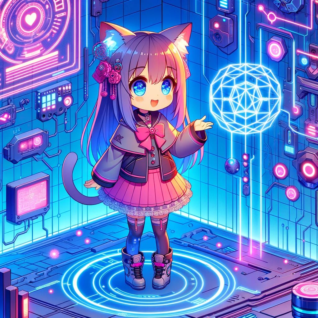 Adorable Cyberpunk Cat Girl in Futuristic Neon City