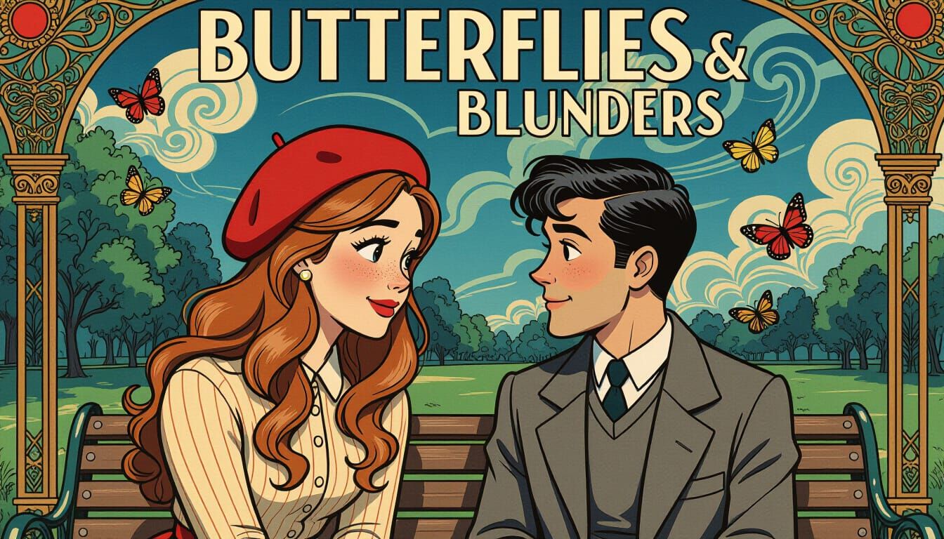 Nerdy Woman in Love Surrounded by Butterflies, Art Deco Styl...