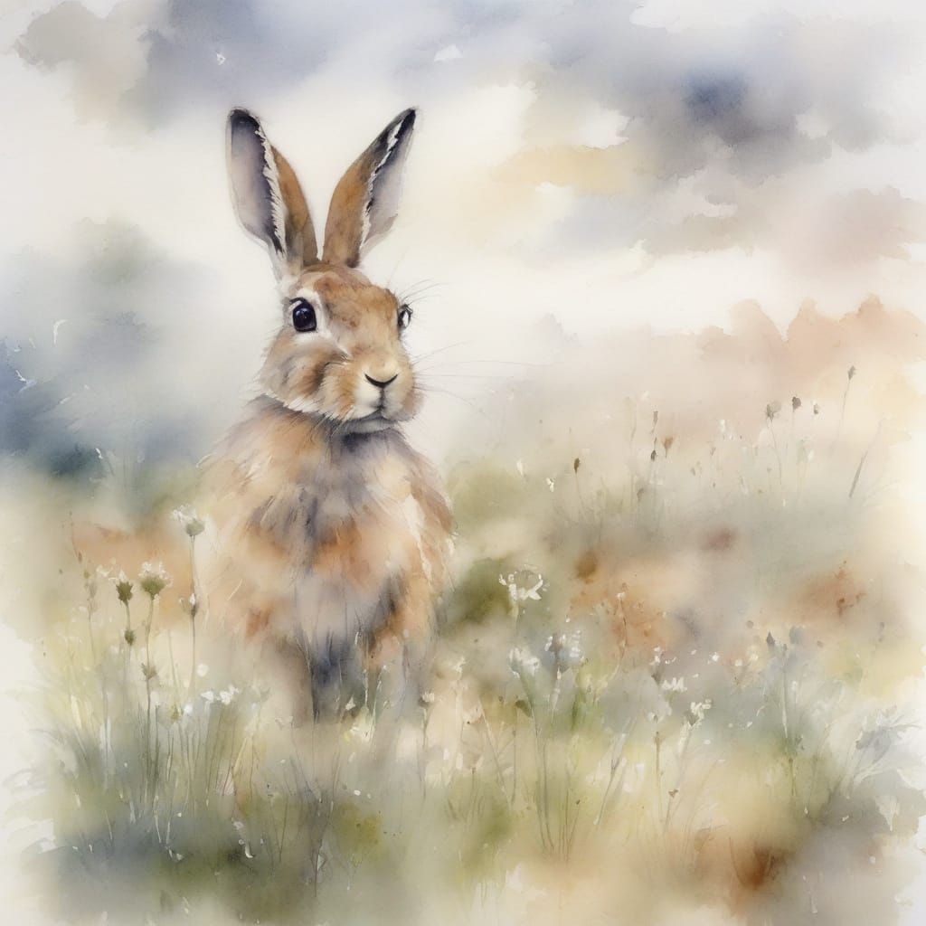 Ethereal Watercolor Hare in Misty Meadow