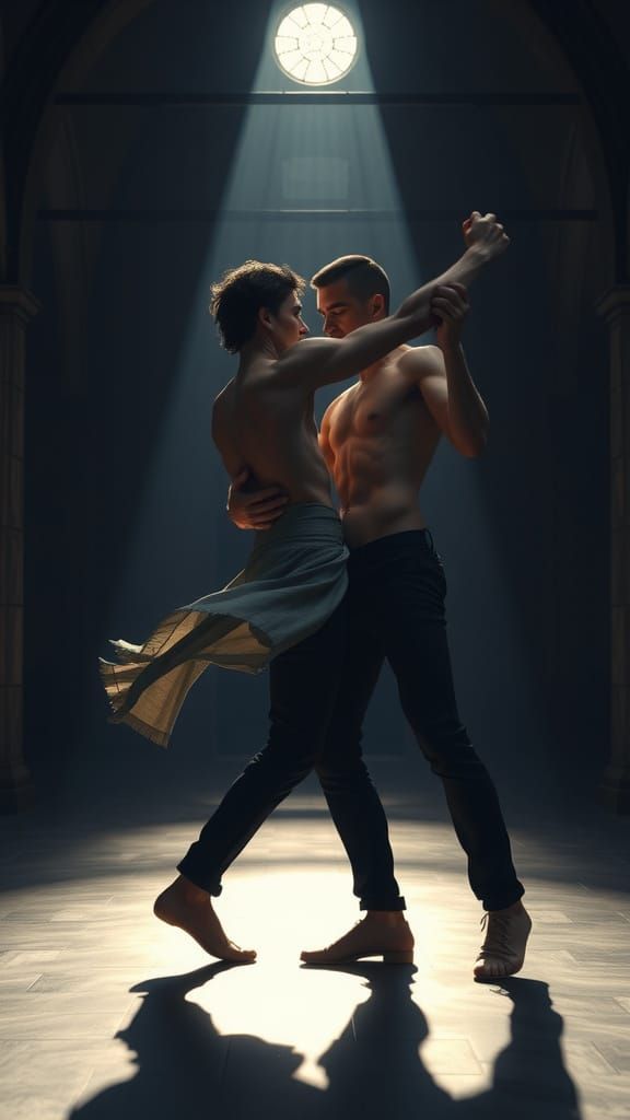 Men Dancing in Dimly Lit Hall, Dark Fantasy Style