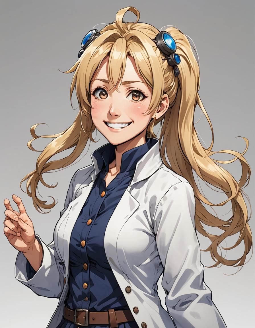 Happy Medieval Scientist with Pigtails in Anime Style