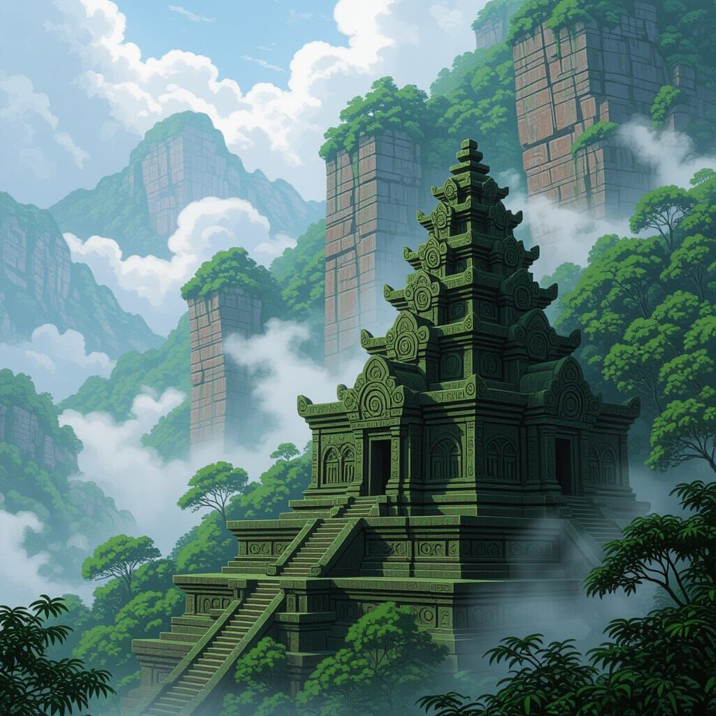 Mysterious Temple on Misty Mountainside, in Syd Mead Style