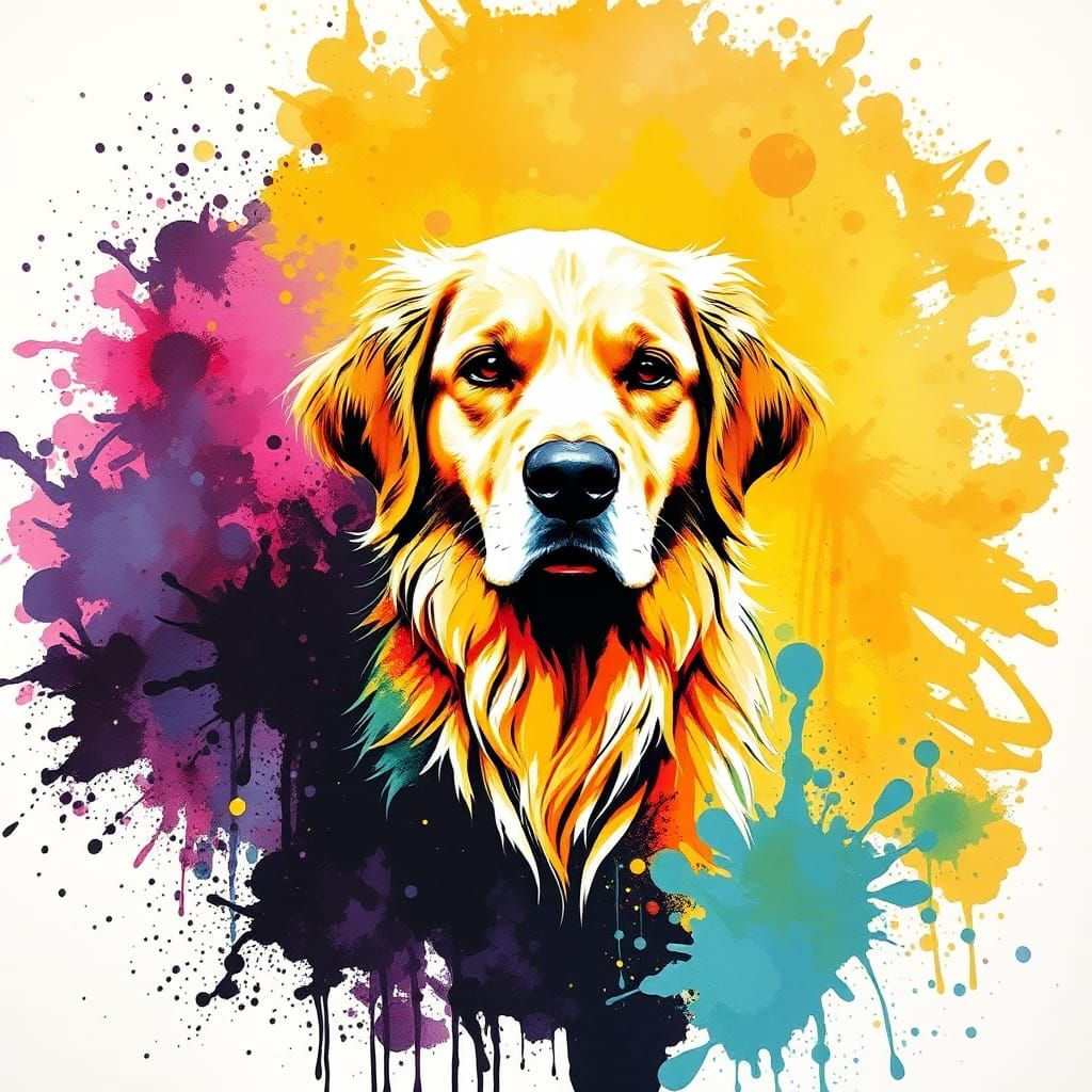 Iridescent Ink Splatter Golden Retriever Painting