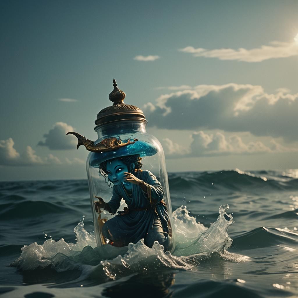 Djinn Genie Trapped in Jar on Sea