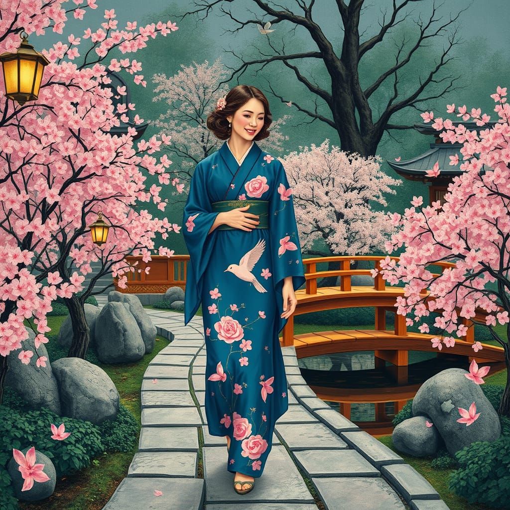 Elegant Woman Strolling in a Traditional Japanese Garden