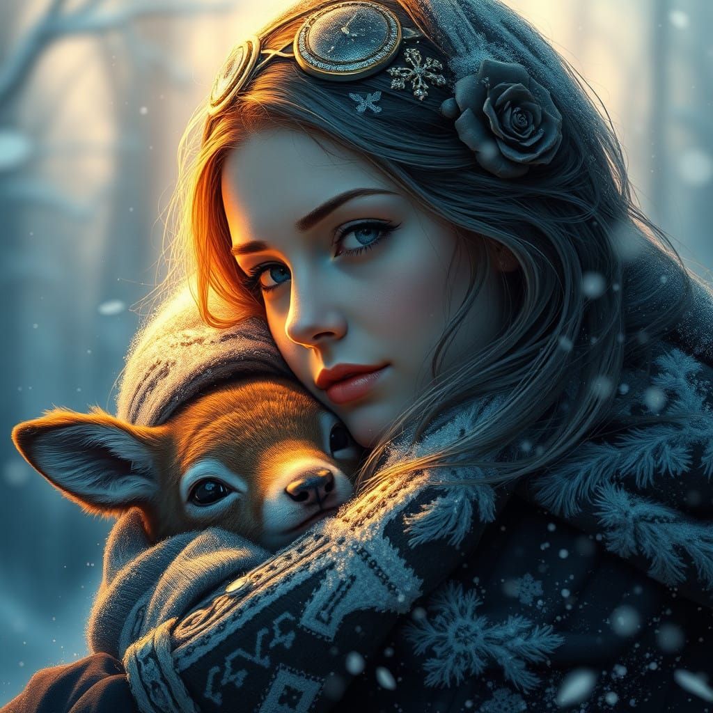 Warm Portrait of a Gentle Woman Cradling a Fawn in Winter