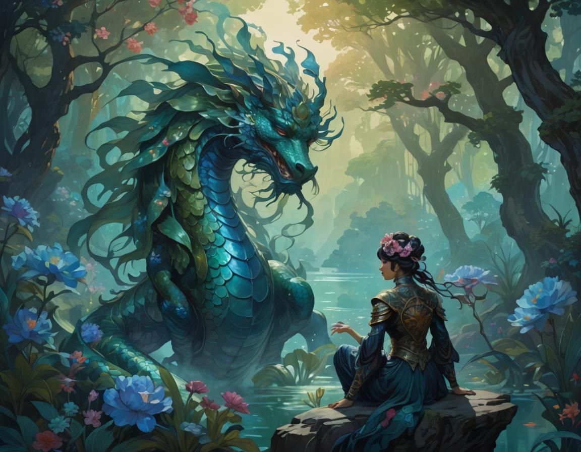 Voluptuous Scaled Figure in Art Nouveau Gouache Style