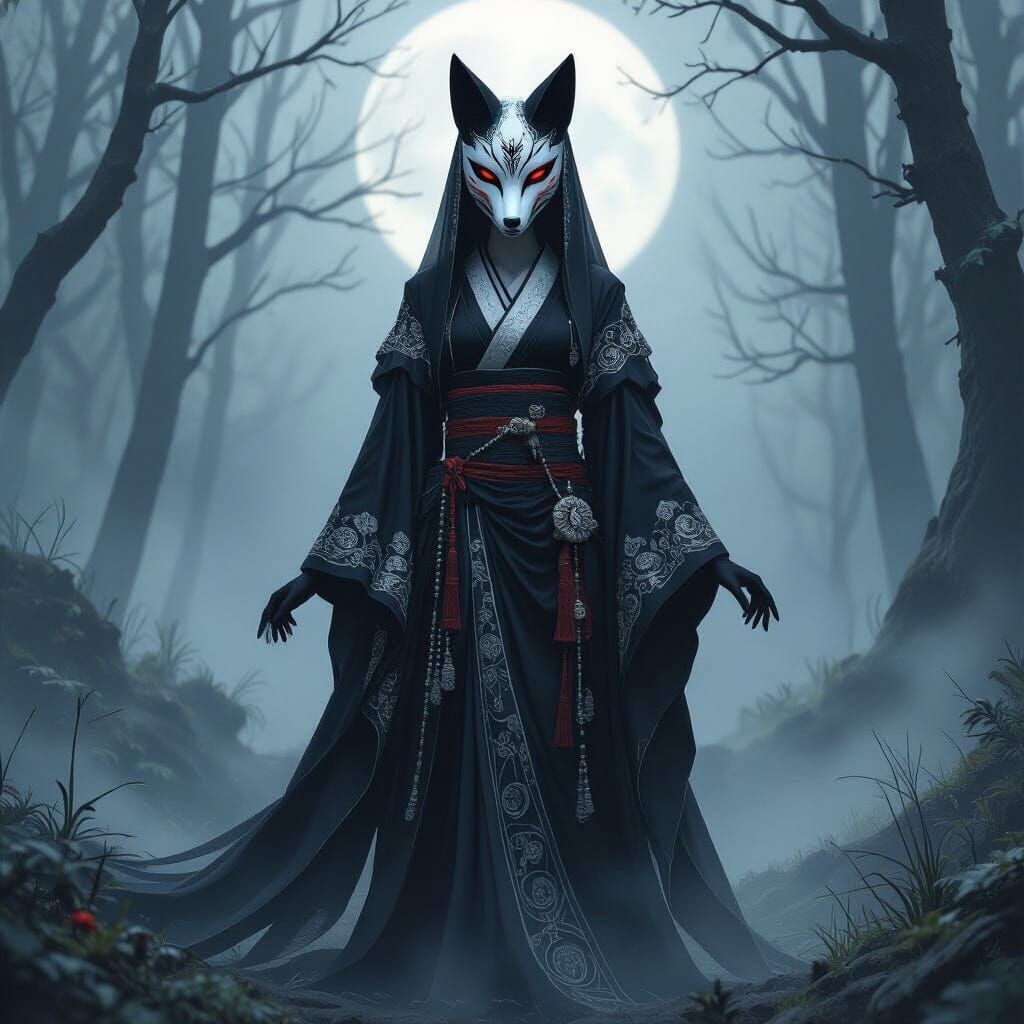 Goddess of Death in Fox Mask in Moonlit Forest