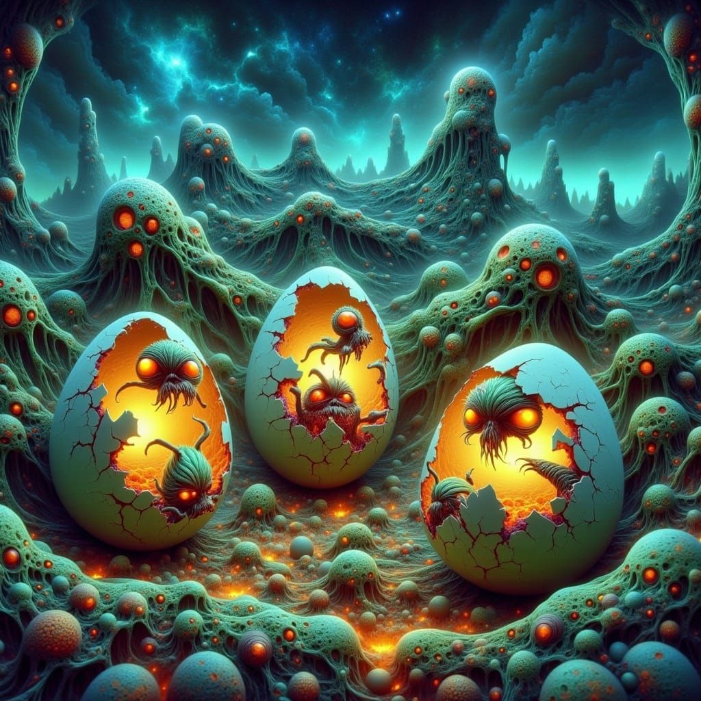 Whimsical Alien Hatchlings in a Surreal, Bioluminescent Land...