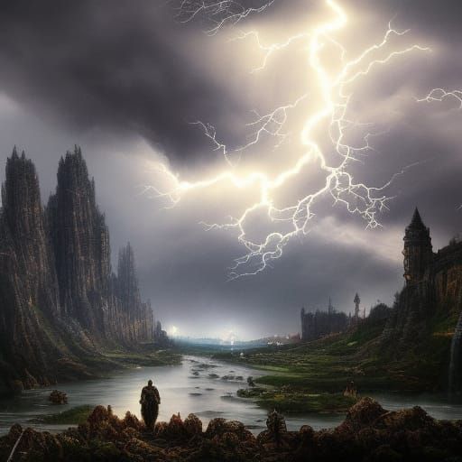 Epic Battle During Thunderstorm in Detailed Matte Painting