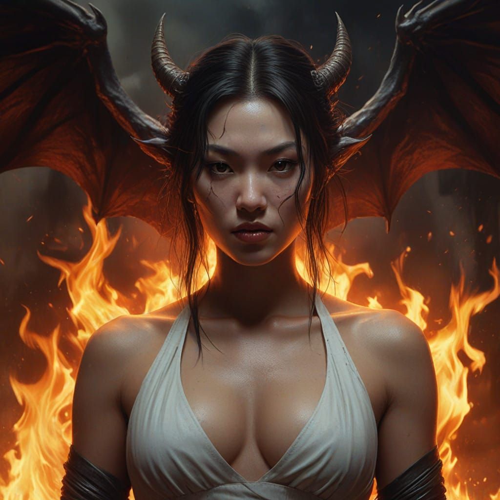 Elegant Asian Female Demon Sleeps in Fiery Flames