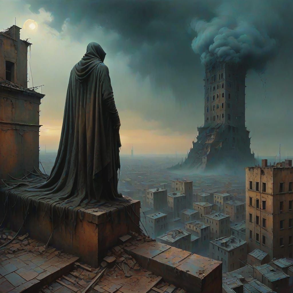 Lone Figure in Desolate Cityscape, Oil Painting