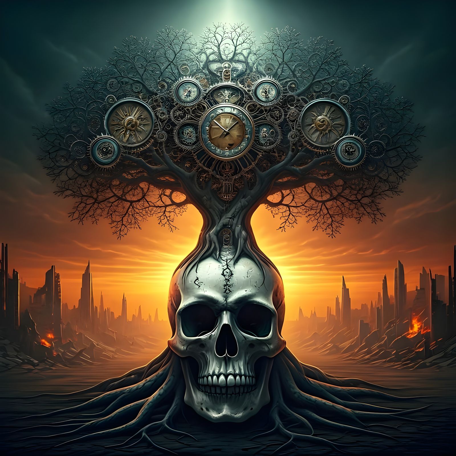 Clockwork Tree Growing From Skull in Wasteland