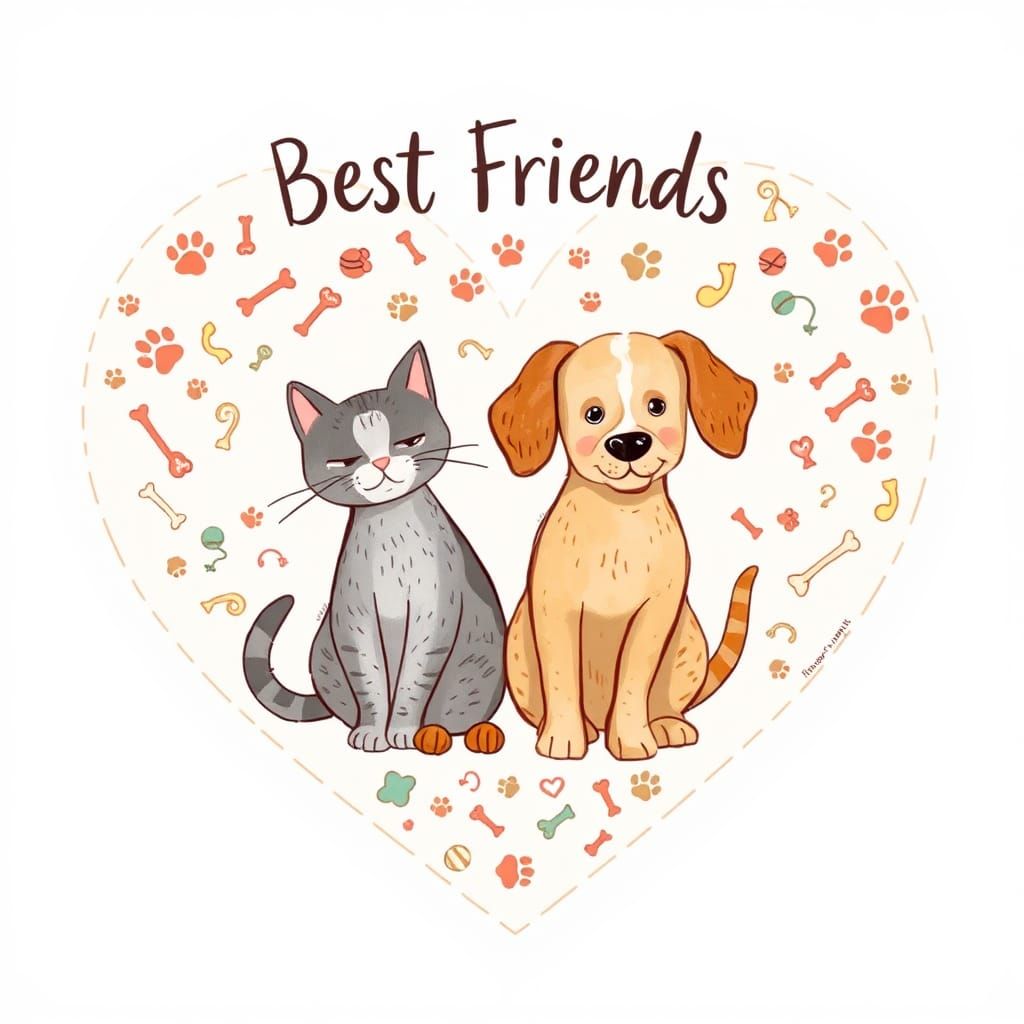 Dog and Cat Best Friends Whimsical Illustration
