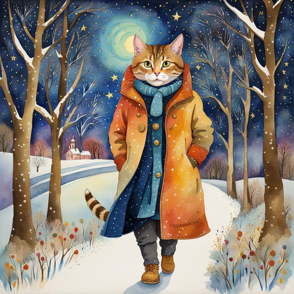 Watercolor Cat in Winter Park at Night