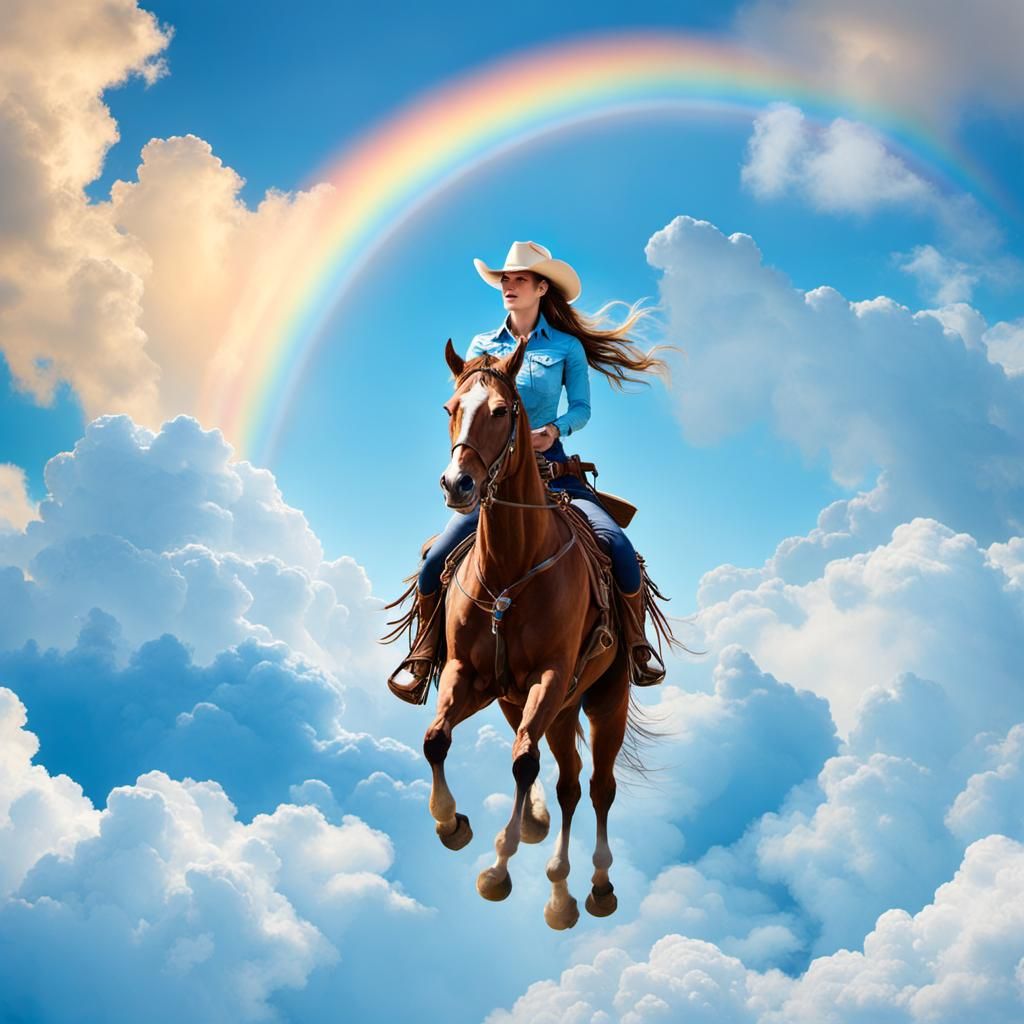 Cowgirl Rides Under Azure Sky With Rainbow