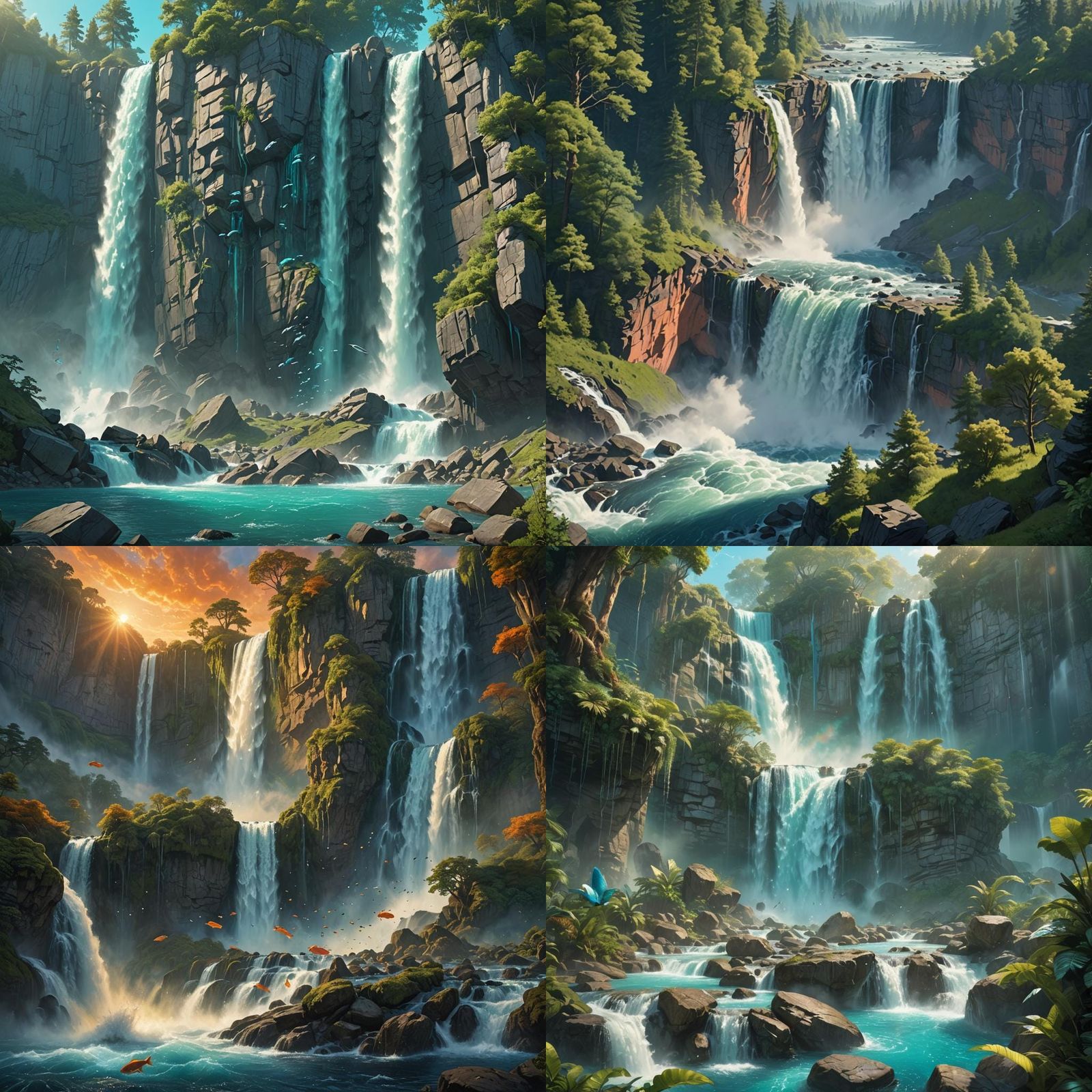 Majestic Waterfall with Leaping Fish: Fantasy Concept Art