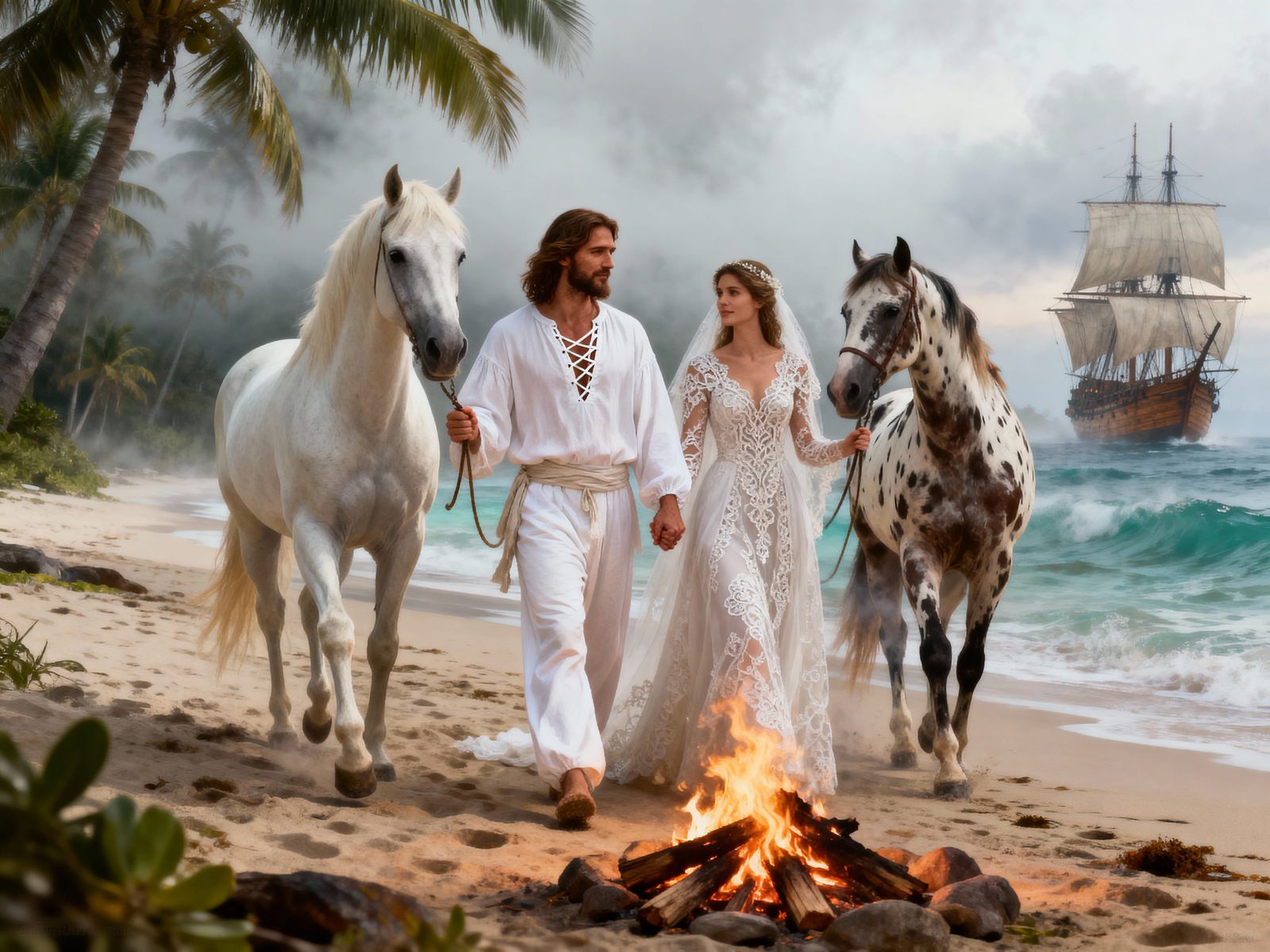 Jesus and Bride on Tropical Beach with Horses