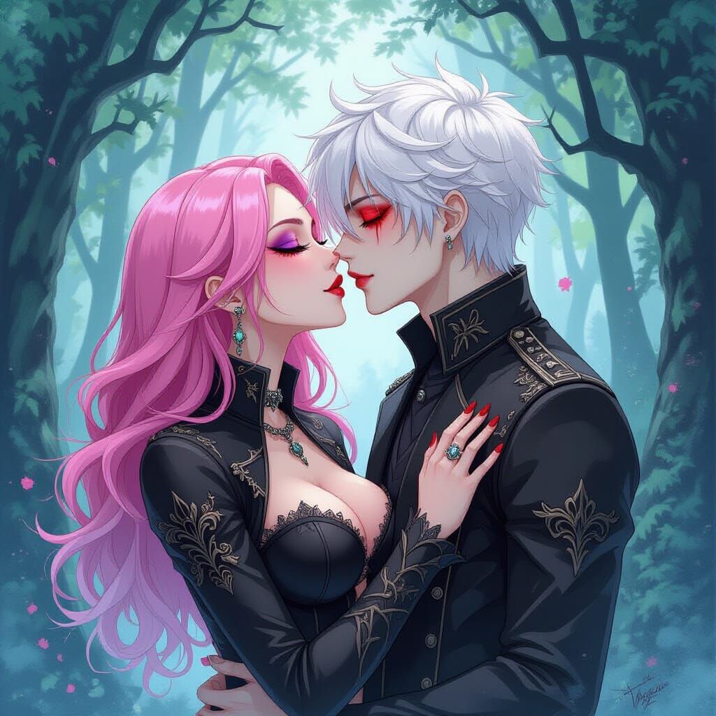 Gothic Couple Kissing in Enchanted Forest