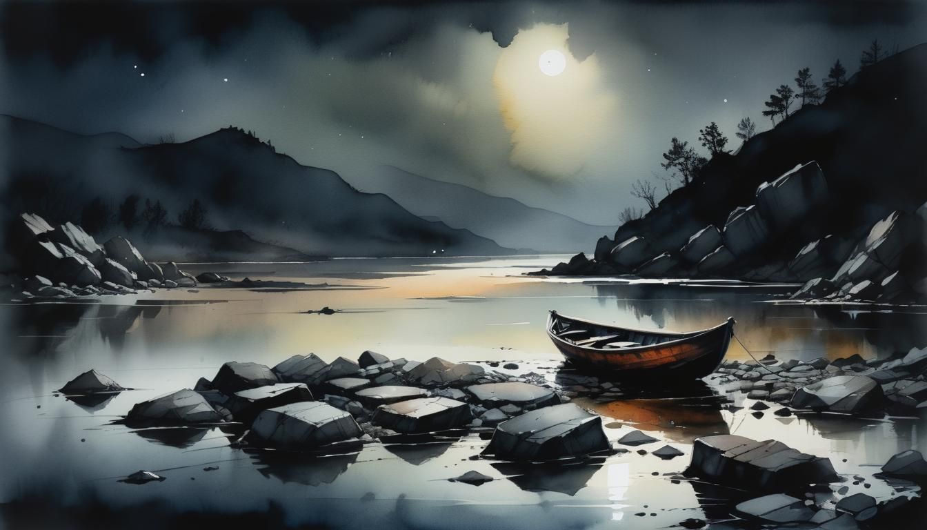 A broken row boat sits on the rocks of a meandering river th...