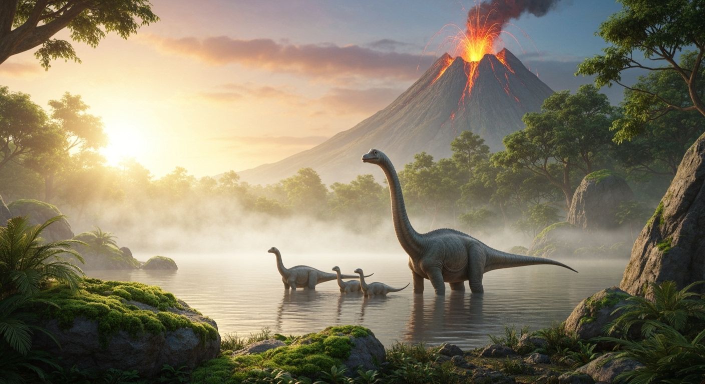 Jurassic Dinosaurs and Erupting Volcano at Sunrise
