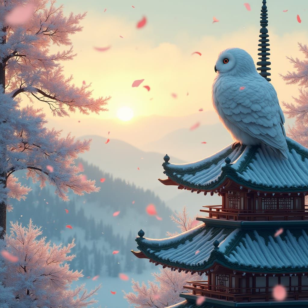 Snowy Owl Contemplates Winter Wonderland in Traditional Japa...