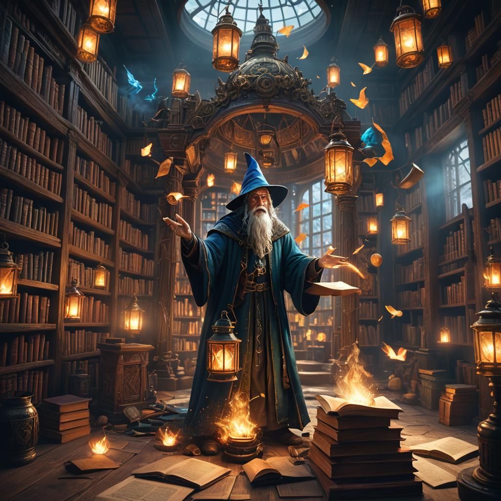 Wizard Summons Spirit in Room of Flying Books