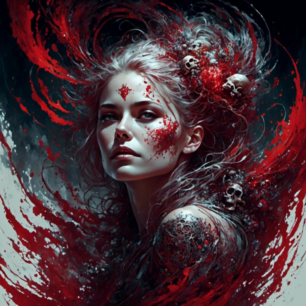 Skull Woman Portrait in Red Ink Flow