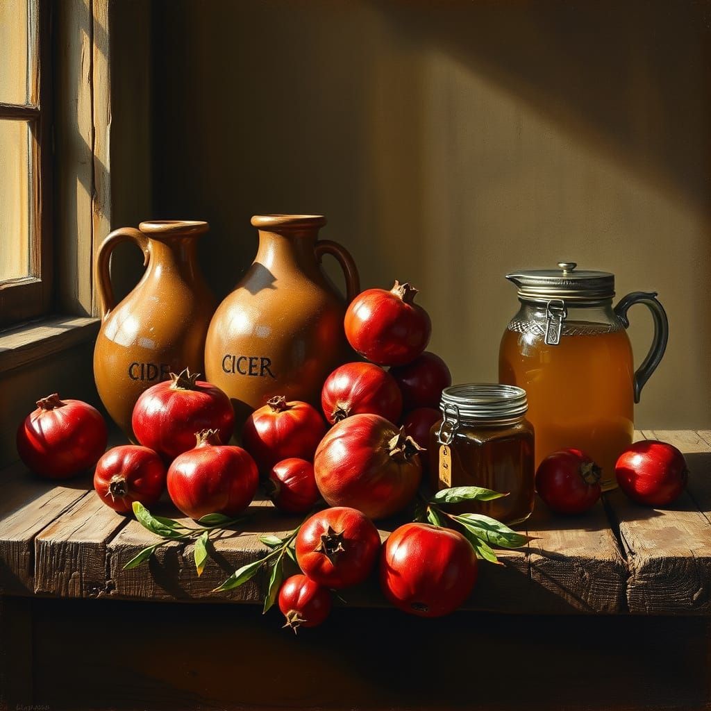 Still Life Painting of Cider Jugs, Pomegranates, and Honey J...