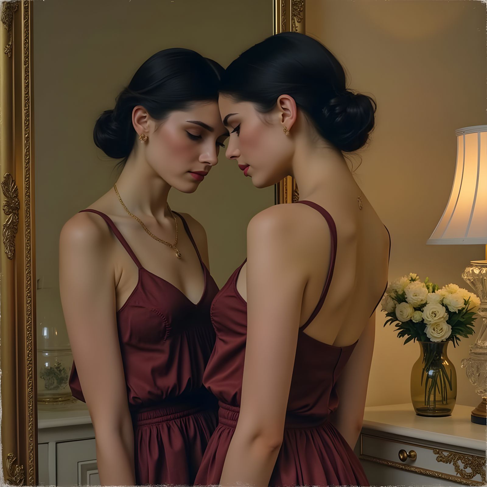 Woman's Reflection in Mirror as She Contemplates Infidelity