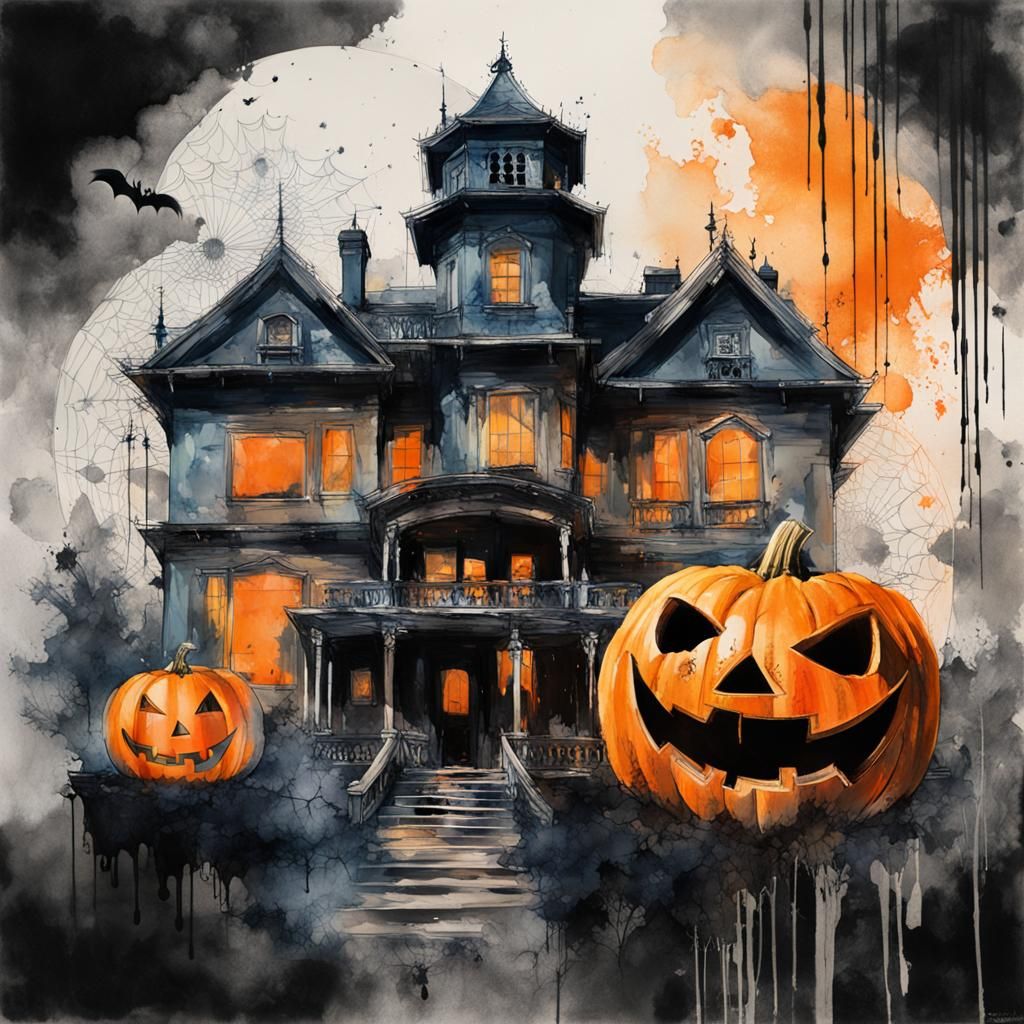 Halloween Pumpkin Double Exposure in Splash Art Style