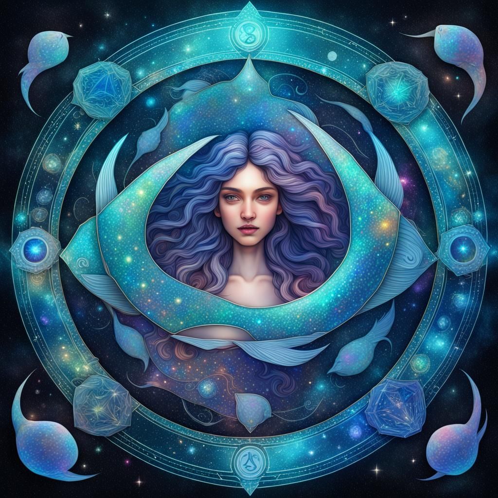 Pisces Holographic Astral Illustration in Mixed Media