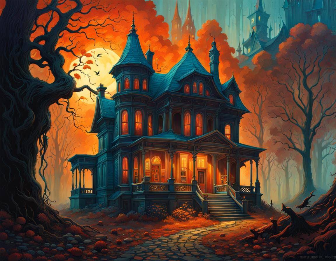 Eldritch Haunted House in Gouache Illustration