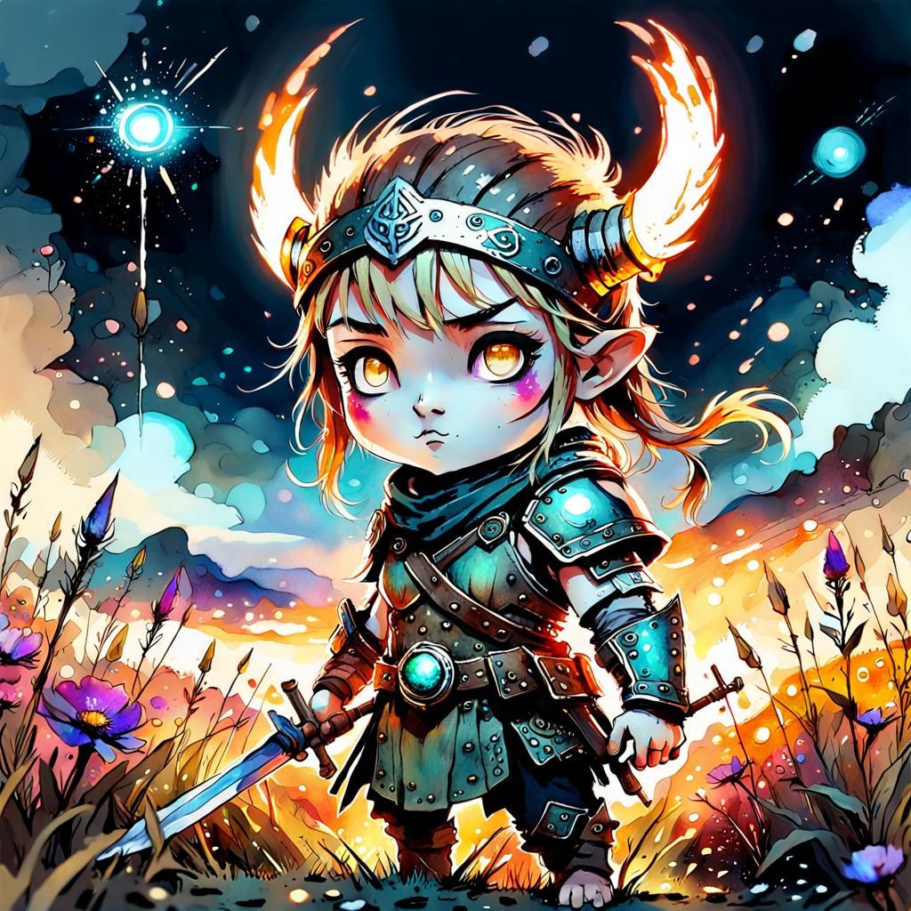Cute Chibi Viking Warrior in Digital Watercolor