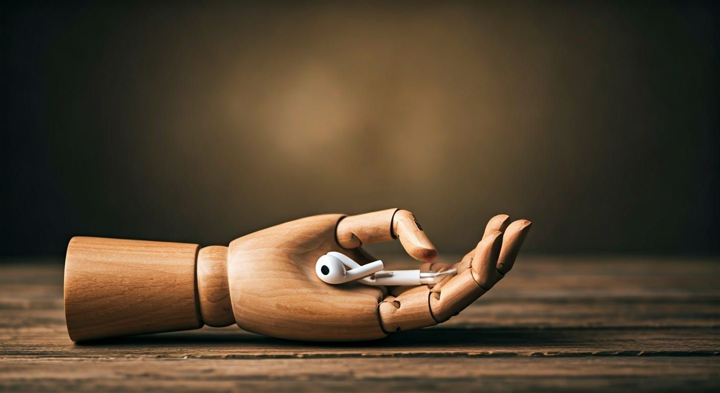 Wooden Hand Tenderly Offering White Earbuds