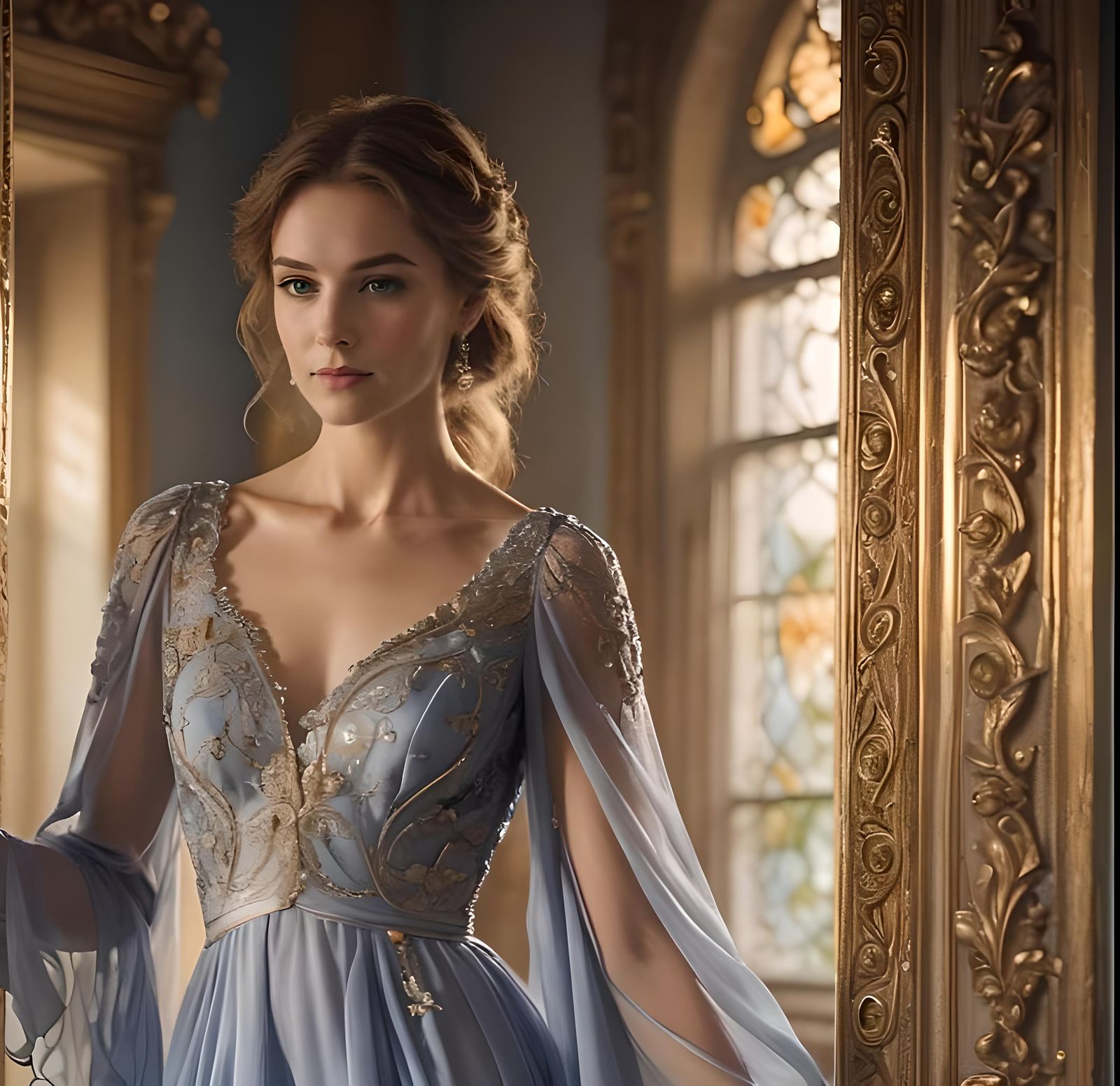 Woman in Periwinkle Chiffon Dress with Warm Lighting