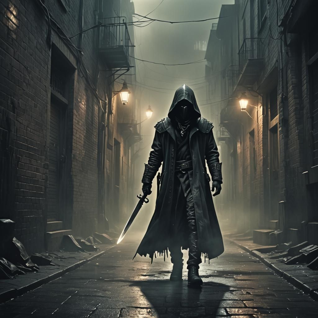 Ominous Figure in Dark Alley: Grim Dark Digital Art