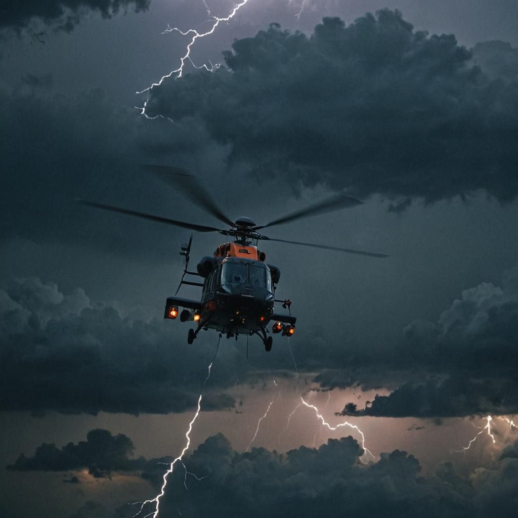 Helicopter in Stormy Night Sky, Cinematic Film Still